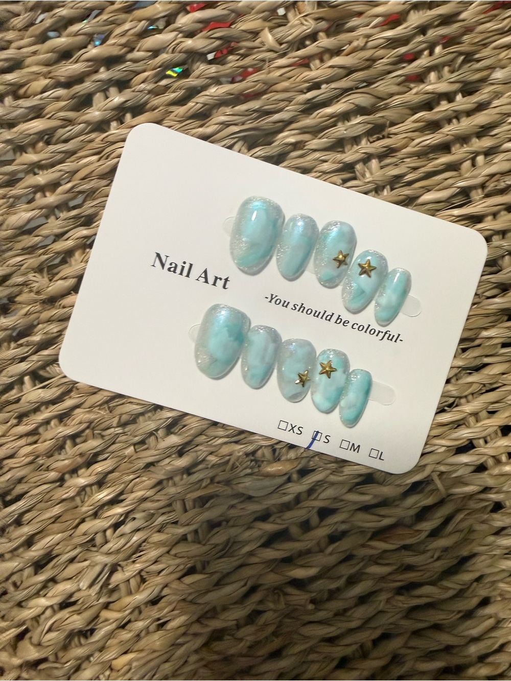 Nail Art Press-On Set in Mint Blue with Star Accents